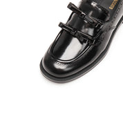 Black Double Bow Leather Penny Loafers