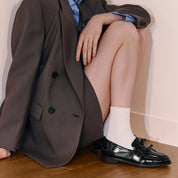 Black Double Bow Leather Penny Loafers