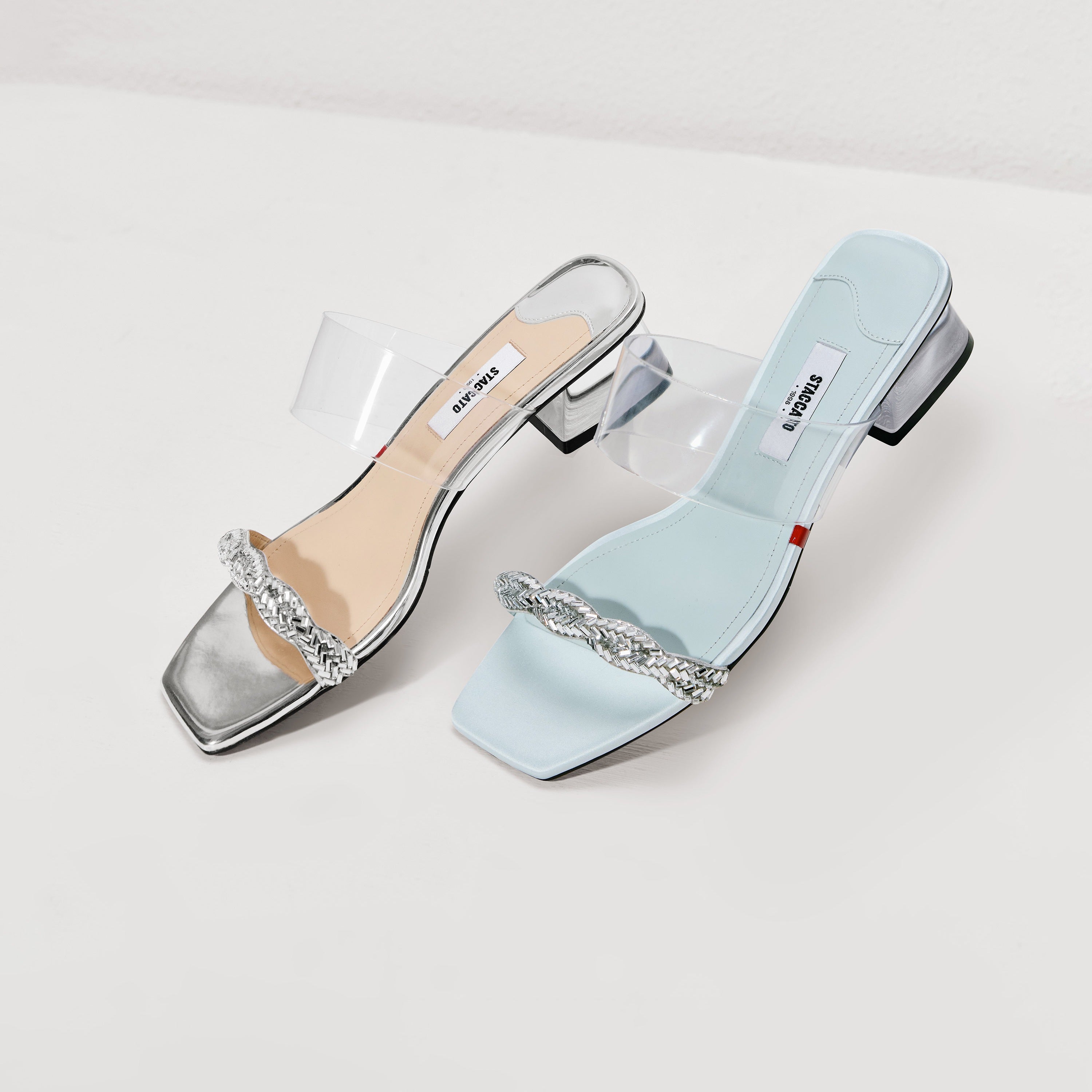 Twisted Crystal Transparent Double Strap Heeled Mules