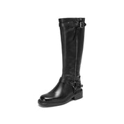 Black Double Buckle Under Knee Biker Boots