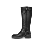Black Double Buckle Under Knee Biker Boots