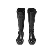 Black Double Buckle Under Knee Biker Boots
