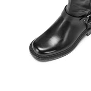 Black Double Buckle Under Knee Biker Boots