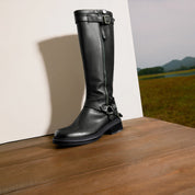 Black Double Buckle Under Knee Biker Boots