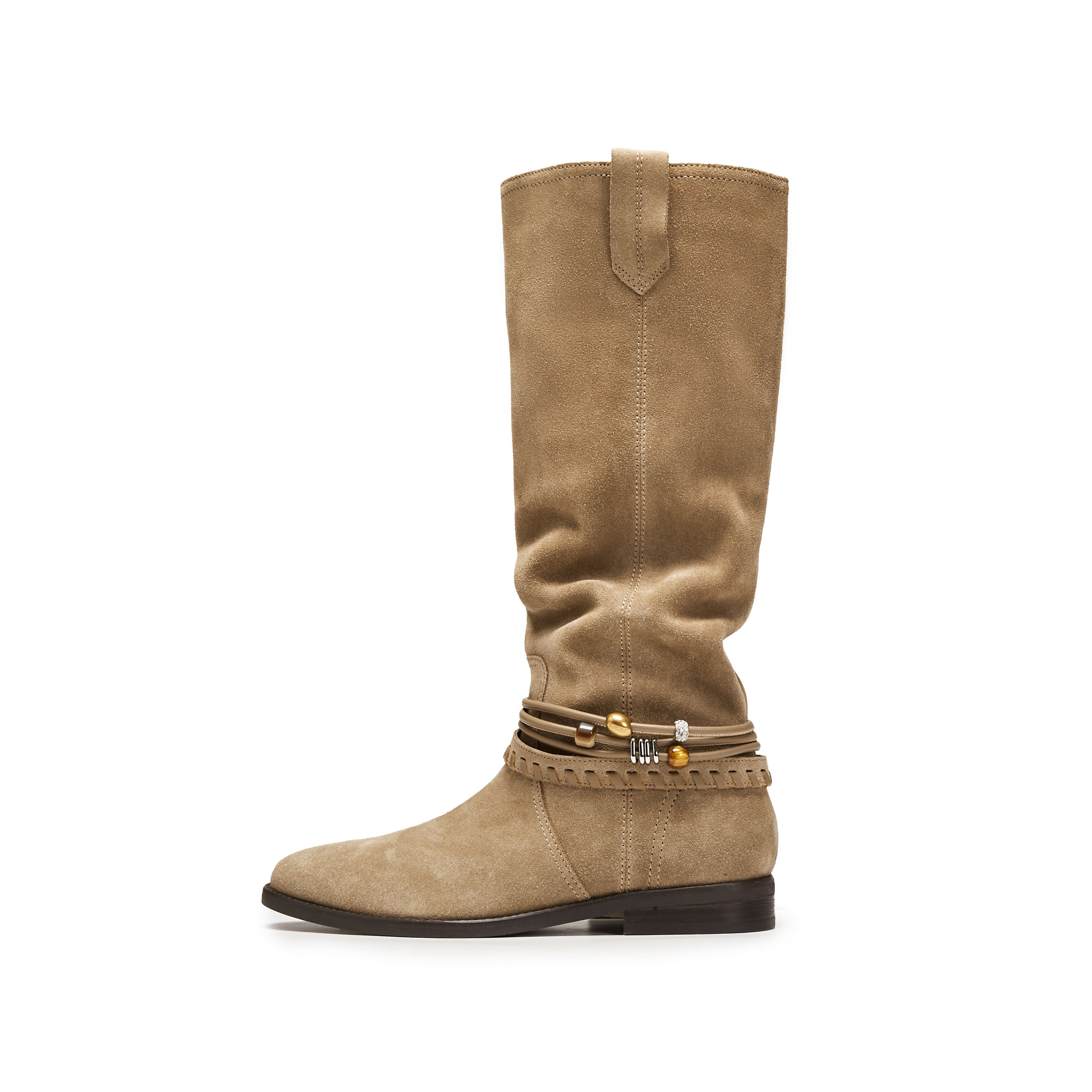 Beads Strappy Taupe Suede Two-way Long Boots