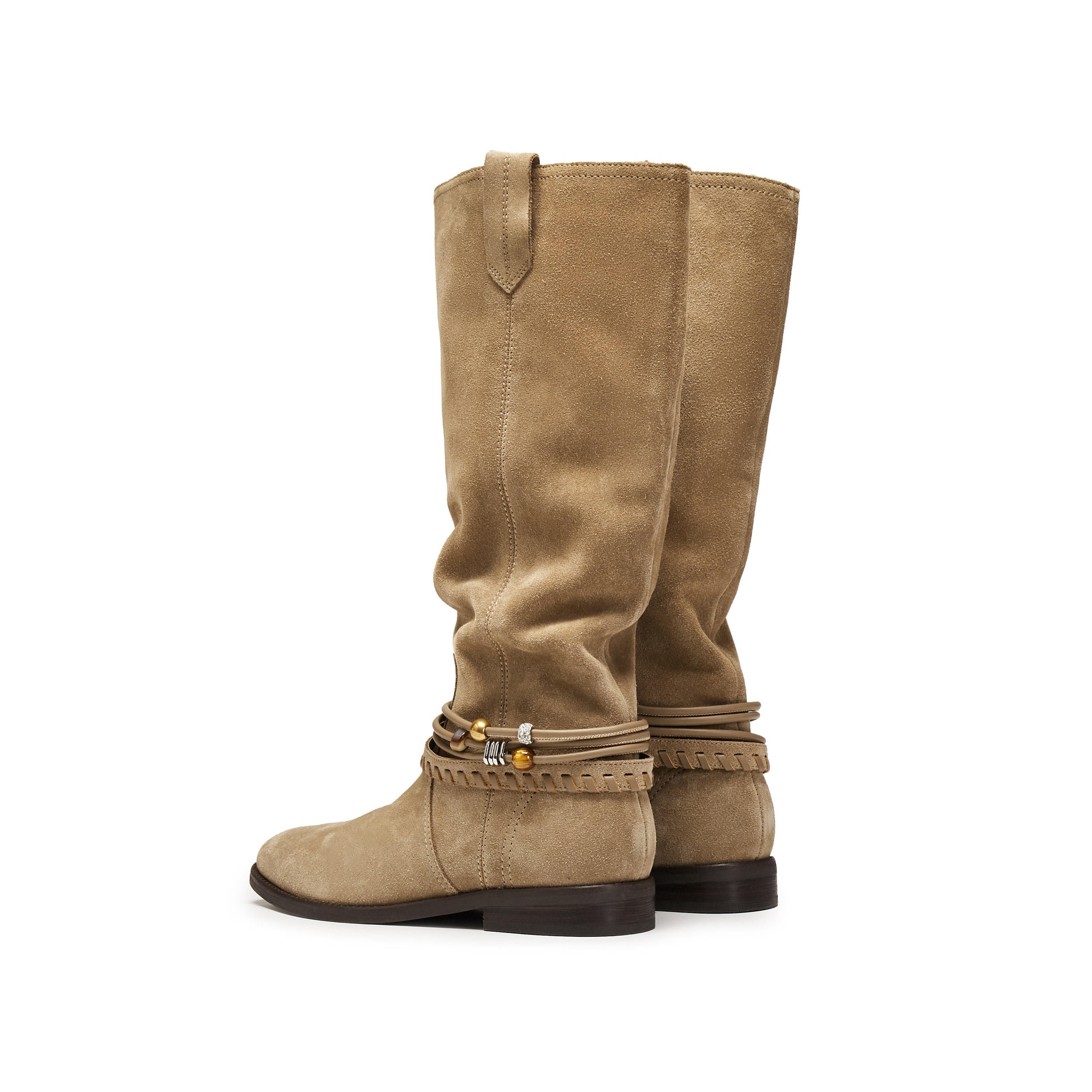 Beads Strappy Taupe Suede Two-way Long Boots