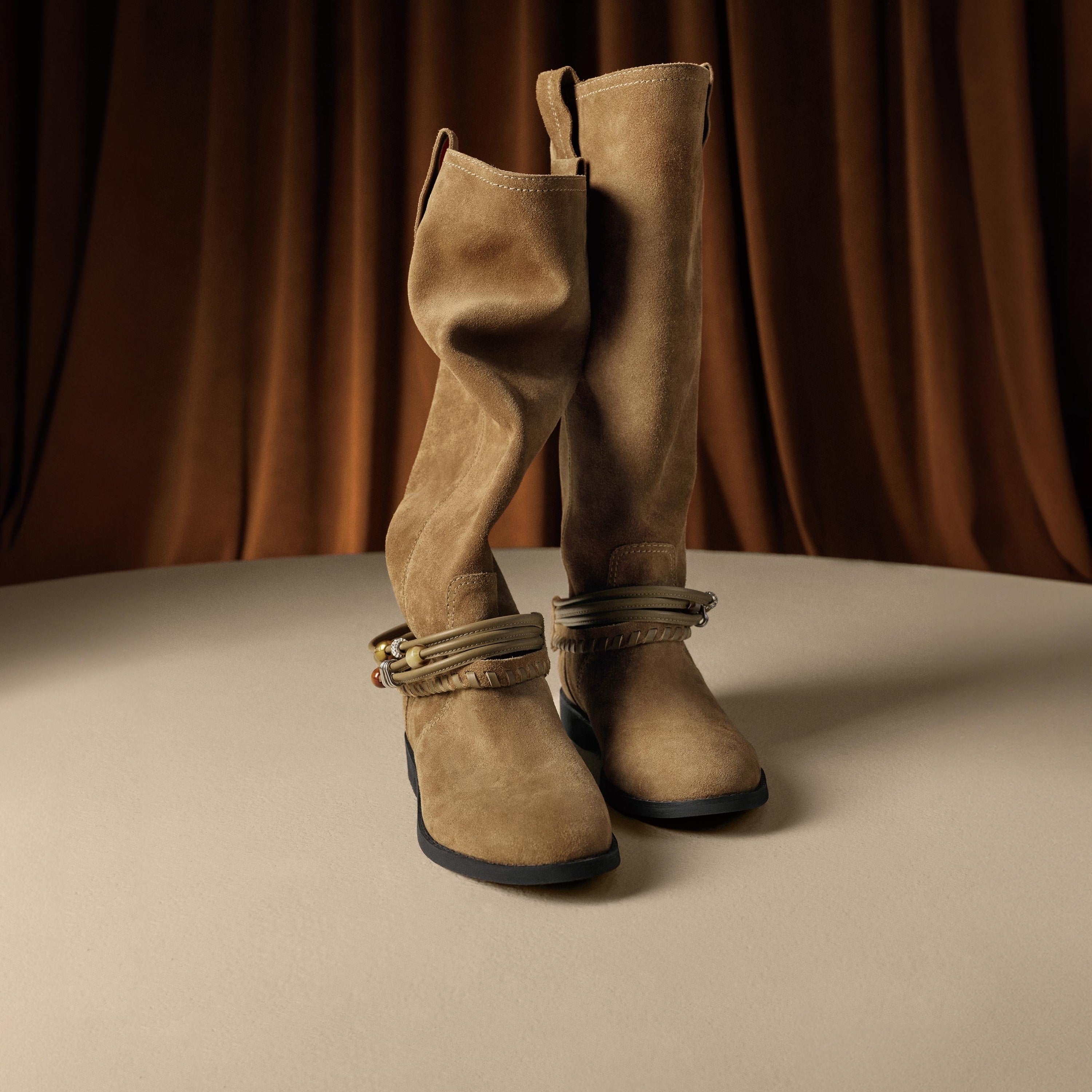 Beads Strappy Taupe Suede Two-way Long Boots