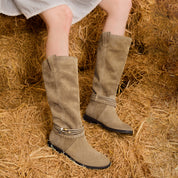 Beads Strappy Taupe Suede Two-way Long Boots