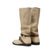 Taupe Suede Pearl Strap Knee-High Boots
