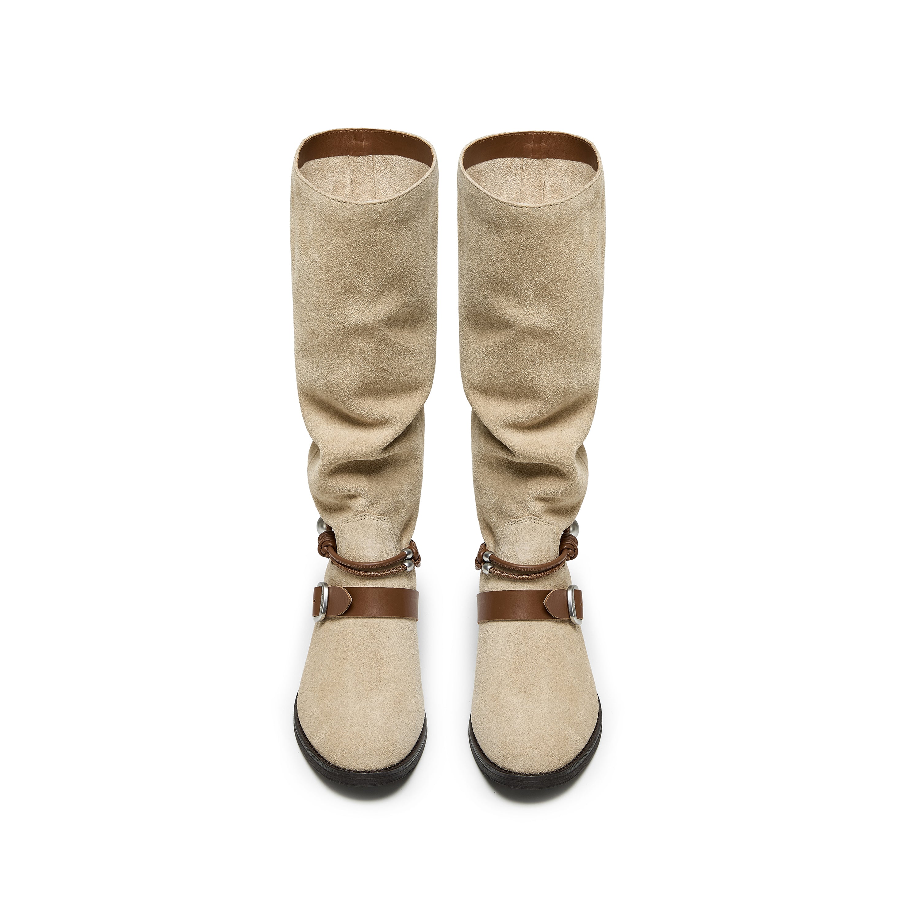 Taupe Suede Pearl Strap Knee-High Boots