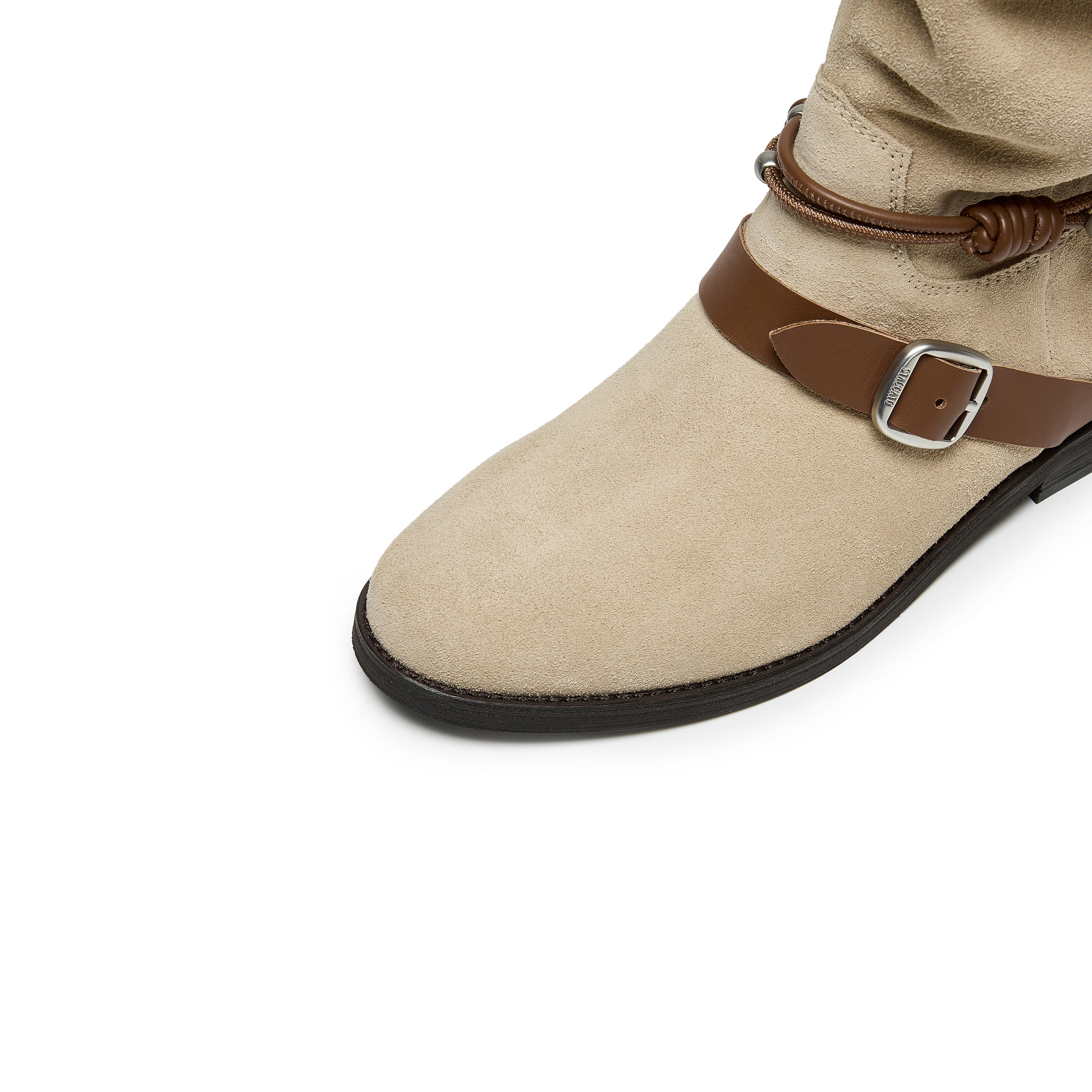 Taupe Suede Pearl Strap Knee-High Boots