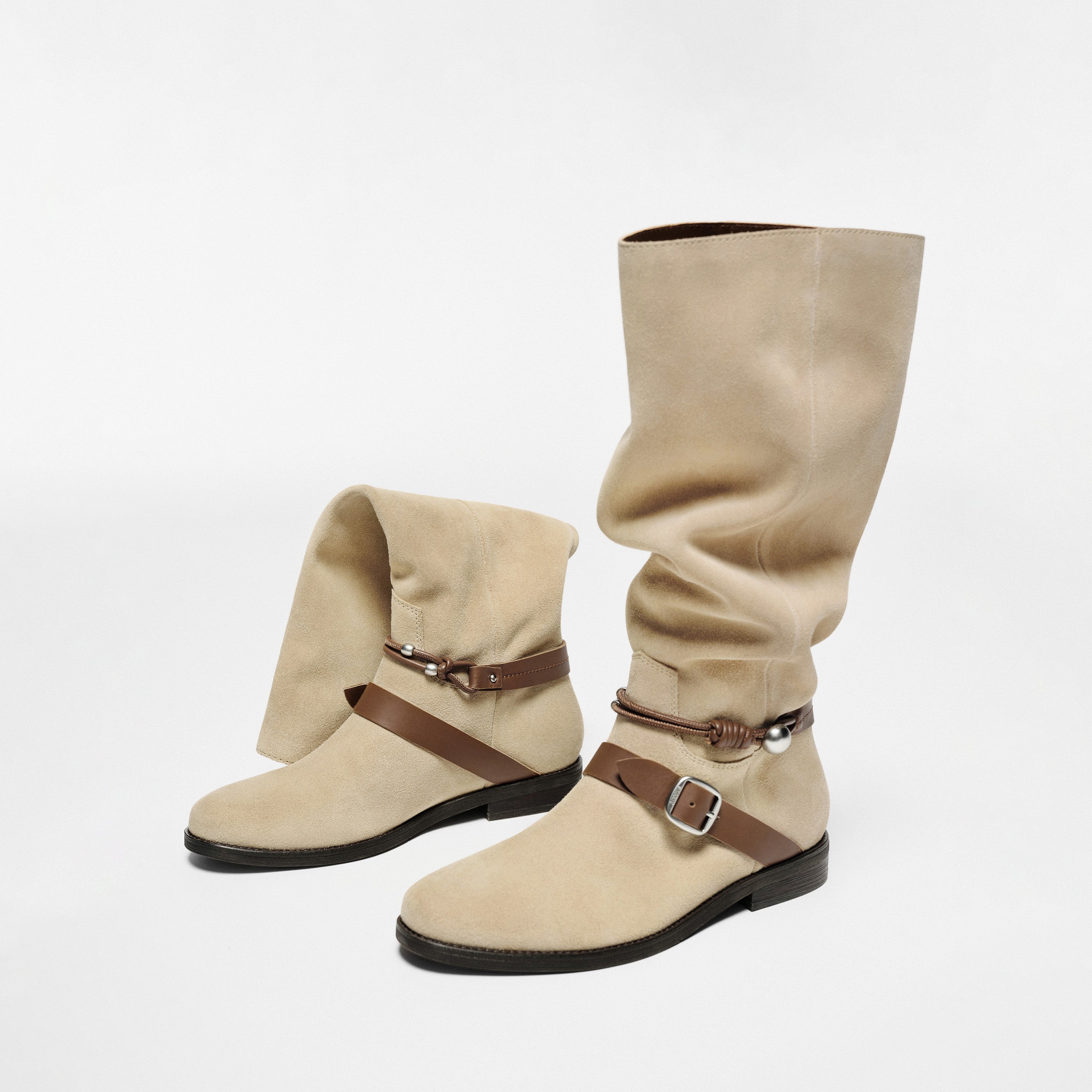 Taupe Suede Pearl Strap Knee-High Boots