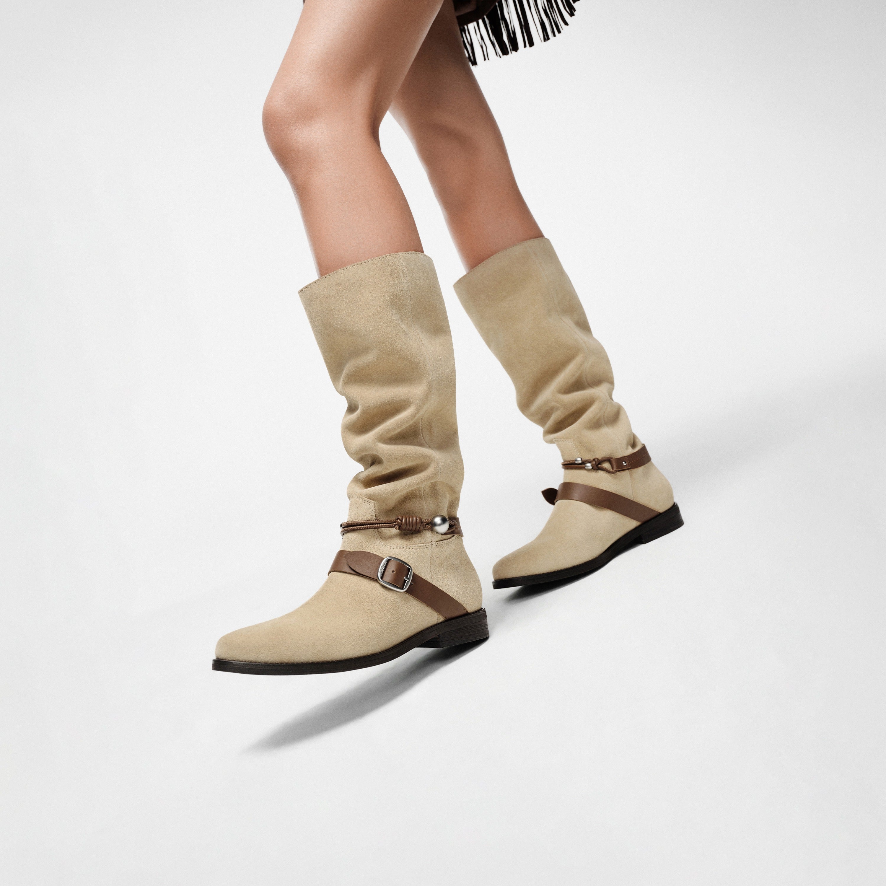 Taupe Suede Pearl Strap Knee-High Boots