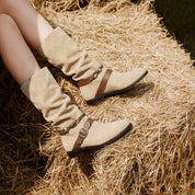 Taupe Suede Pearl Strap Knee-High Boots