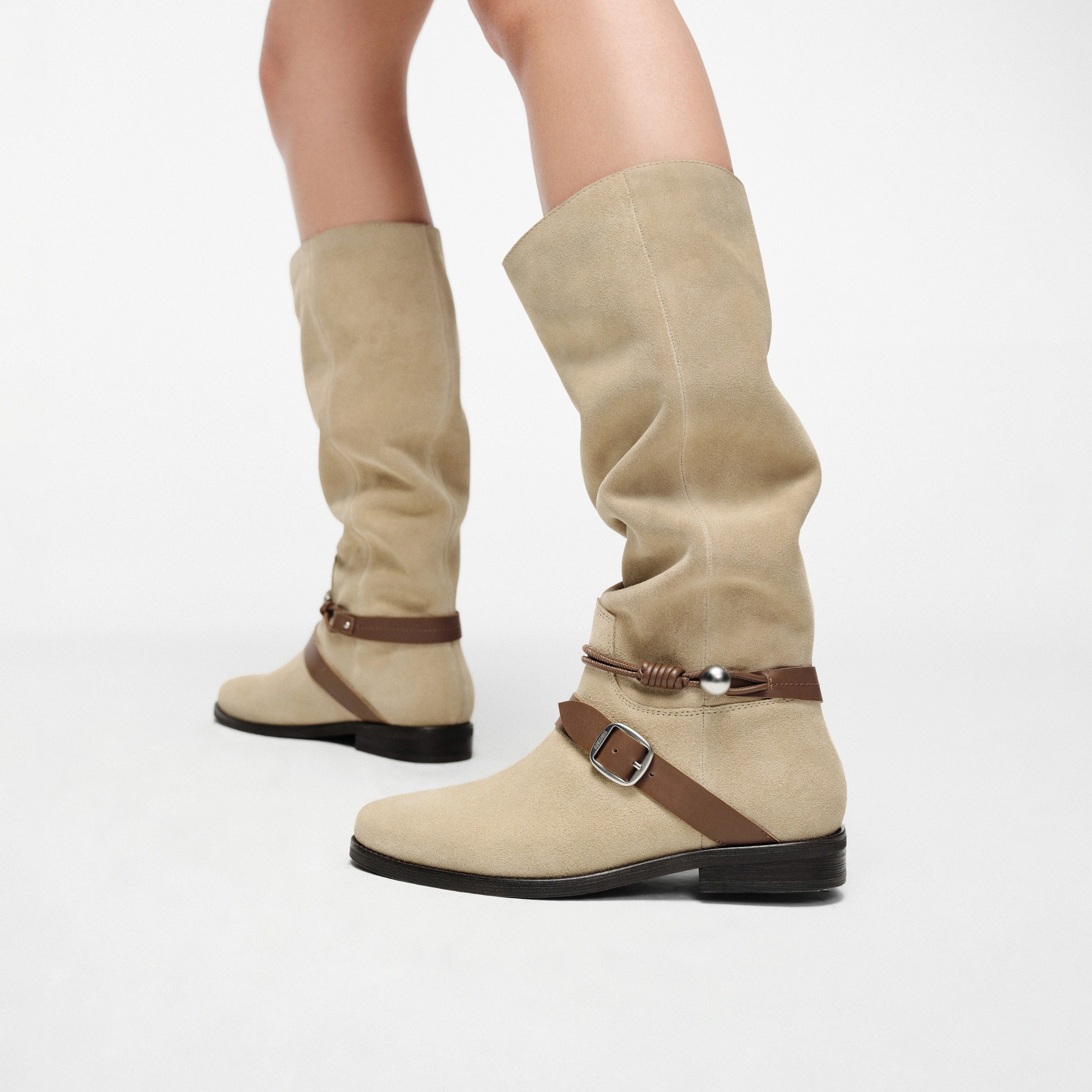 Taupe Suede Pearl Strap Knee-High Boots