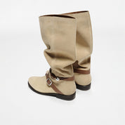 Taupe Suede Pearl Strap Knee-High Boots