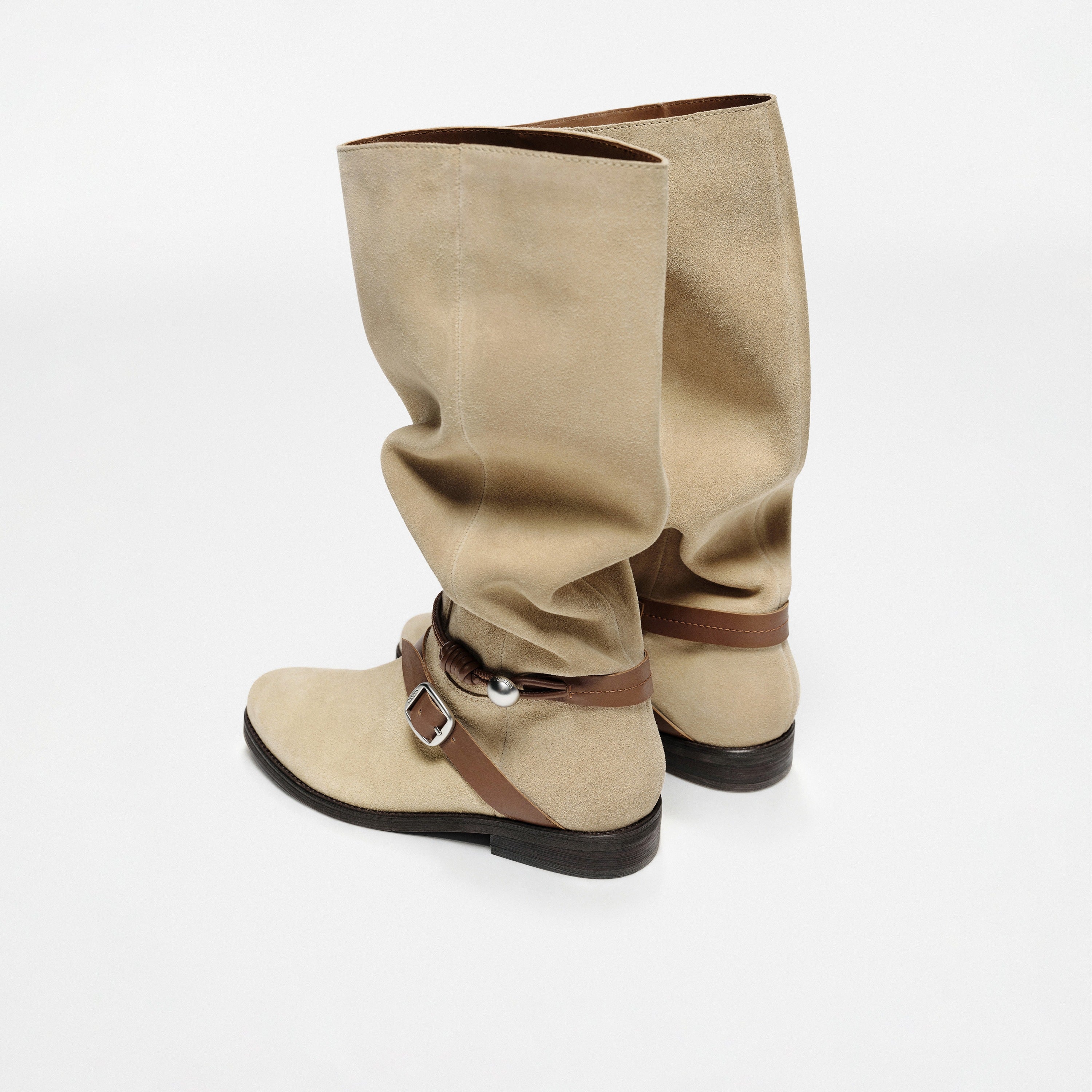 Taupe Suede Pearl Strap Knee-High Boots