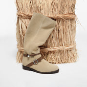 Taupe Suede Pearl Strap Knee-High Boots
