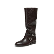Black Leather Pearl Strap Knee-High Boots