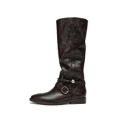 Black Leather Pearl Strap Knee-High Boots