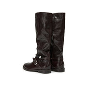 Black Leather Pearl Strap Knee-High Boots