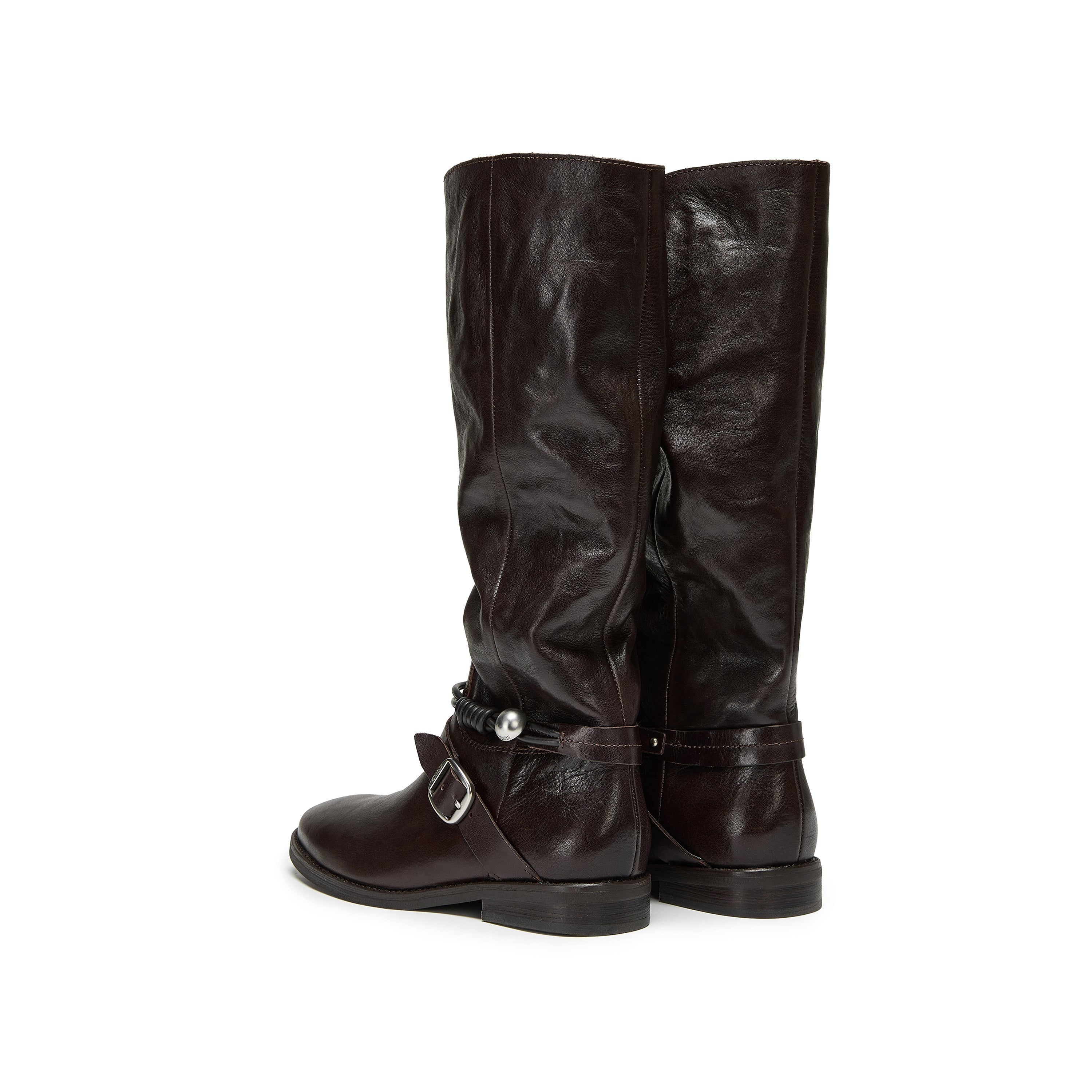 Black Leather Pearl Strap Knee-High Boots