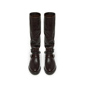 Black Leather Pearl Strap Knee-High Boots