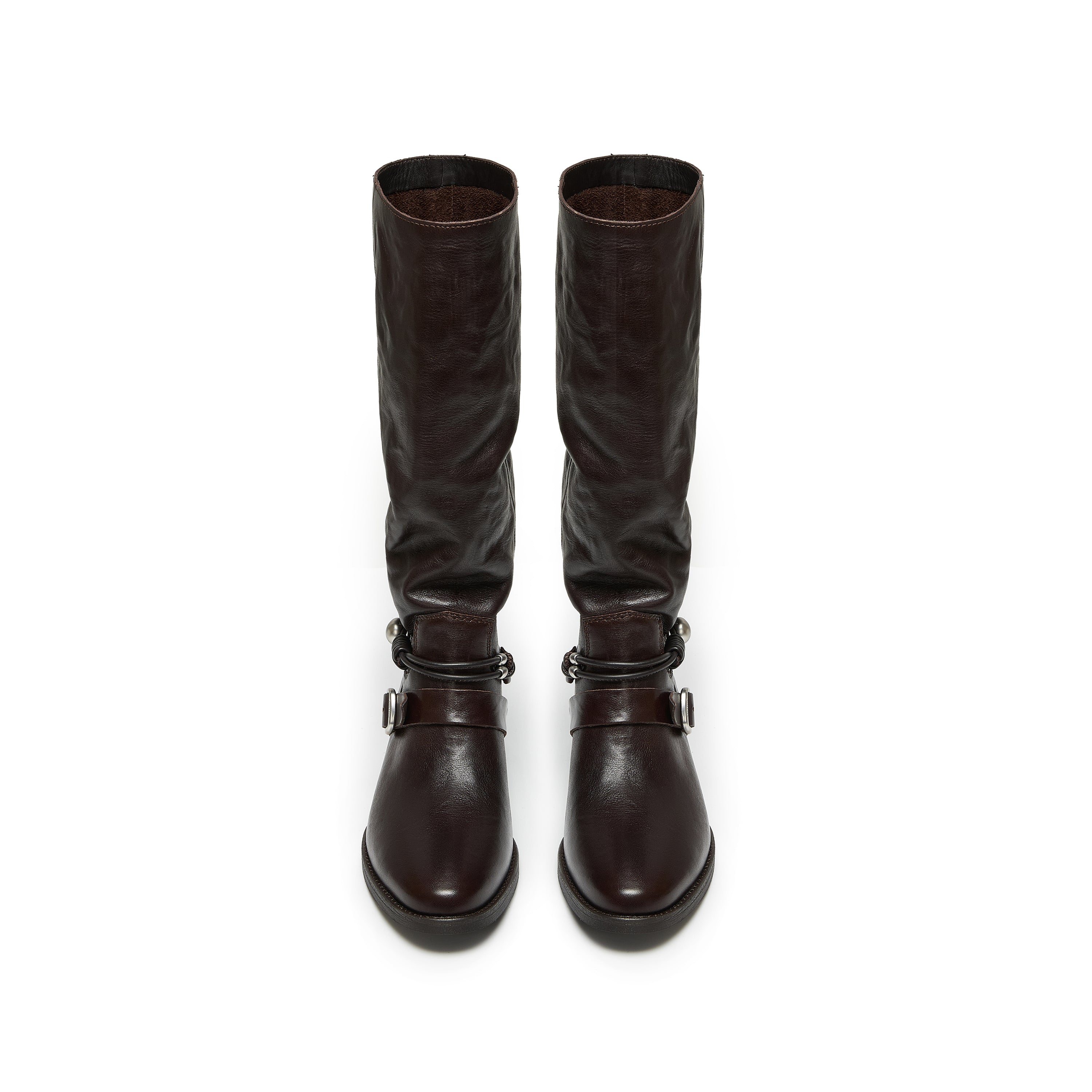 Black Leather Pearl Strap Knee-High Boots