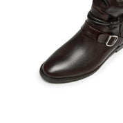 Black Leather Pearl Strap Knee-High Boots