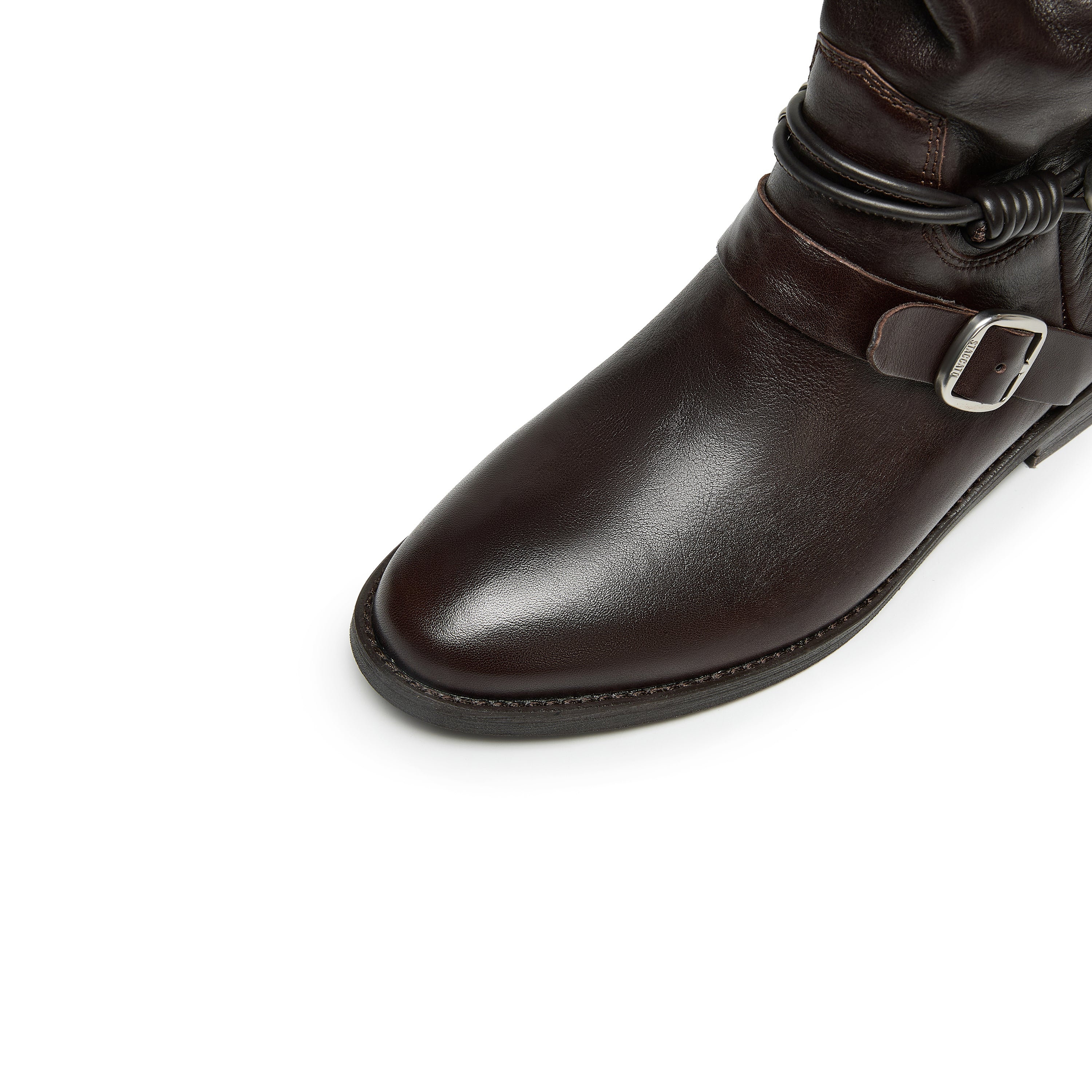 Black Leather Pearl Strap Knee-High Boots