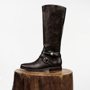 Black Leather Pearl Strap Knee-High Boots
