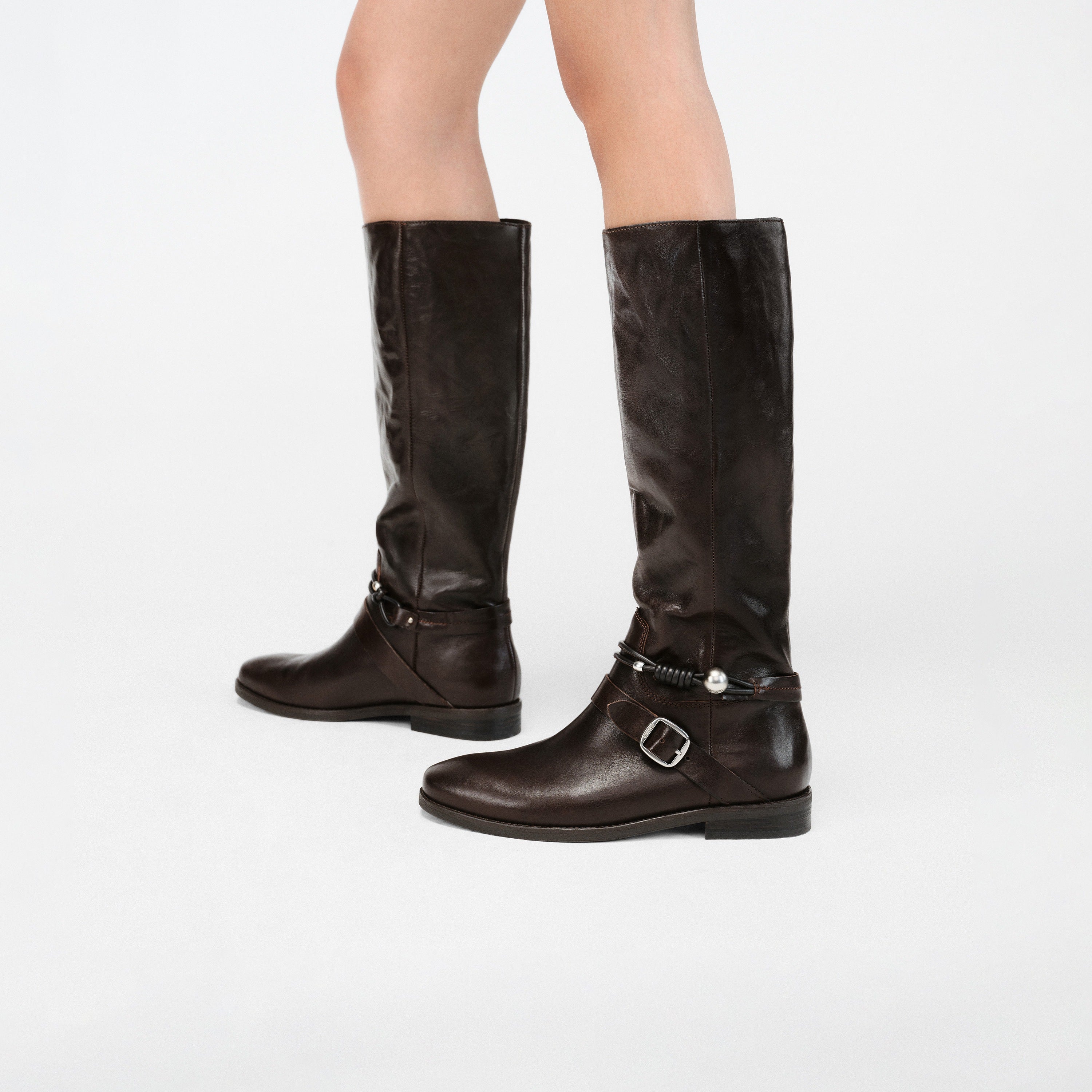 Black Leather Pearl Strap Knee-High Boots