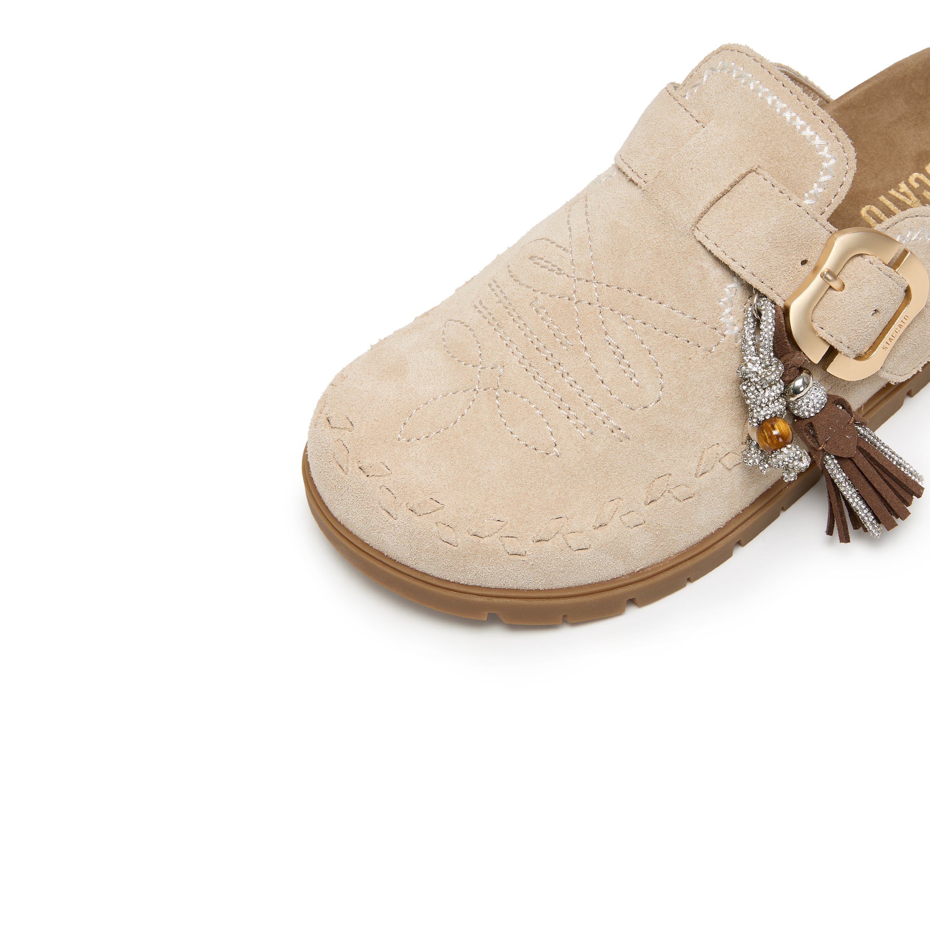 Taupe Suede Embroidery Block Toe Sandals