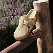 Taupe Suede Embroidery Block Toe Sandals