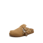 Camel Suede Embroidery Block Toe Sandals