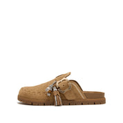 Camel Suede Embroidery Block Toe Sandals