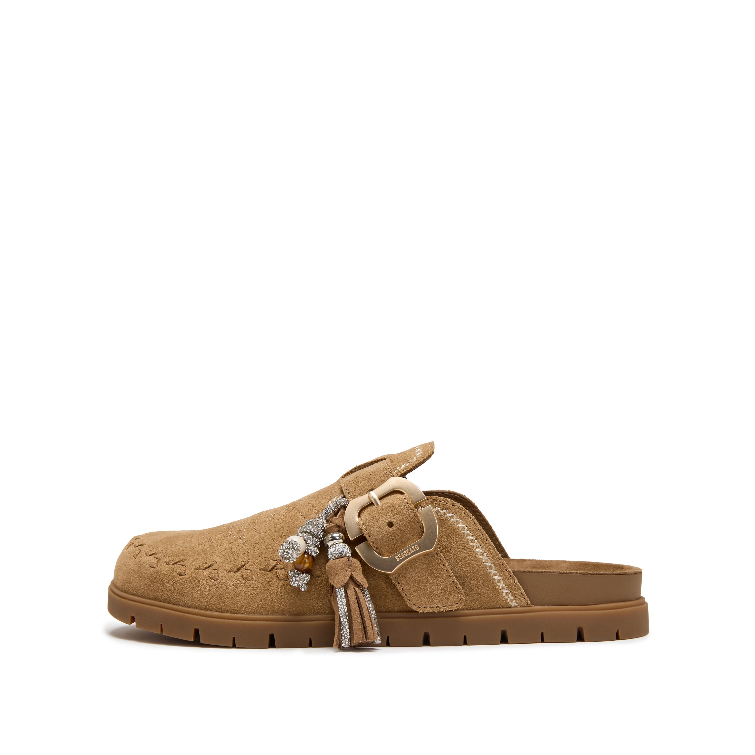 Camel Suede Embroidery Block Toe Sandals