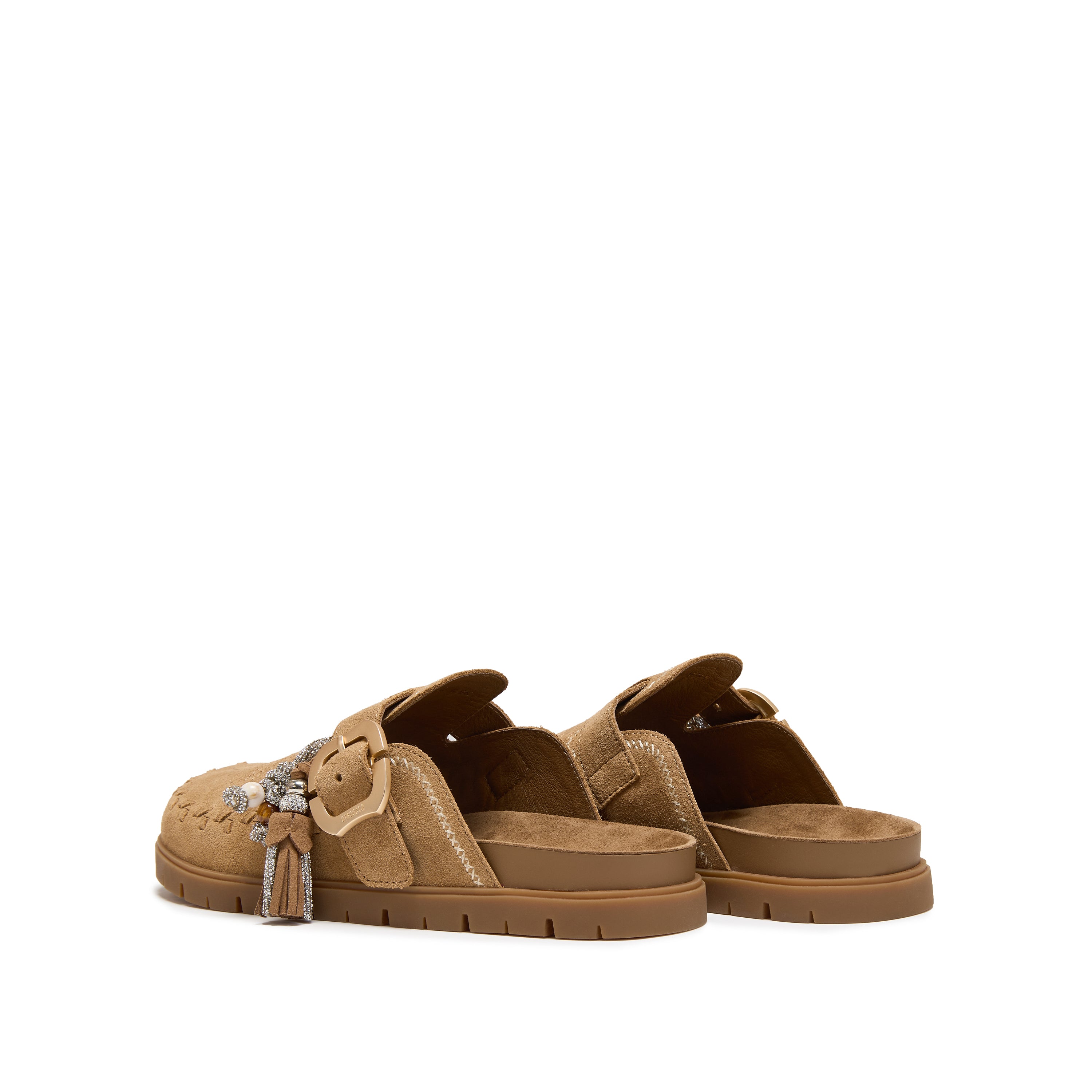 Camel Suede Embroidery Block Toe Sandals