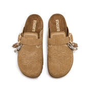 Camel Suede Embroidery Block Toe Sandals