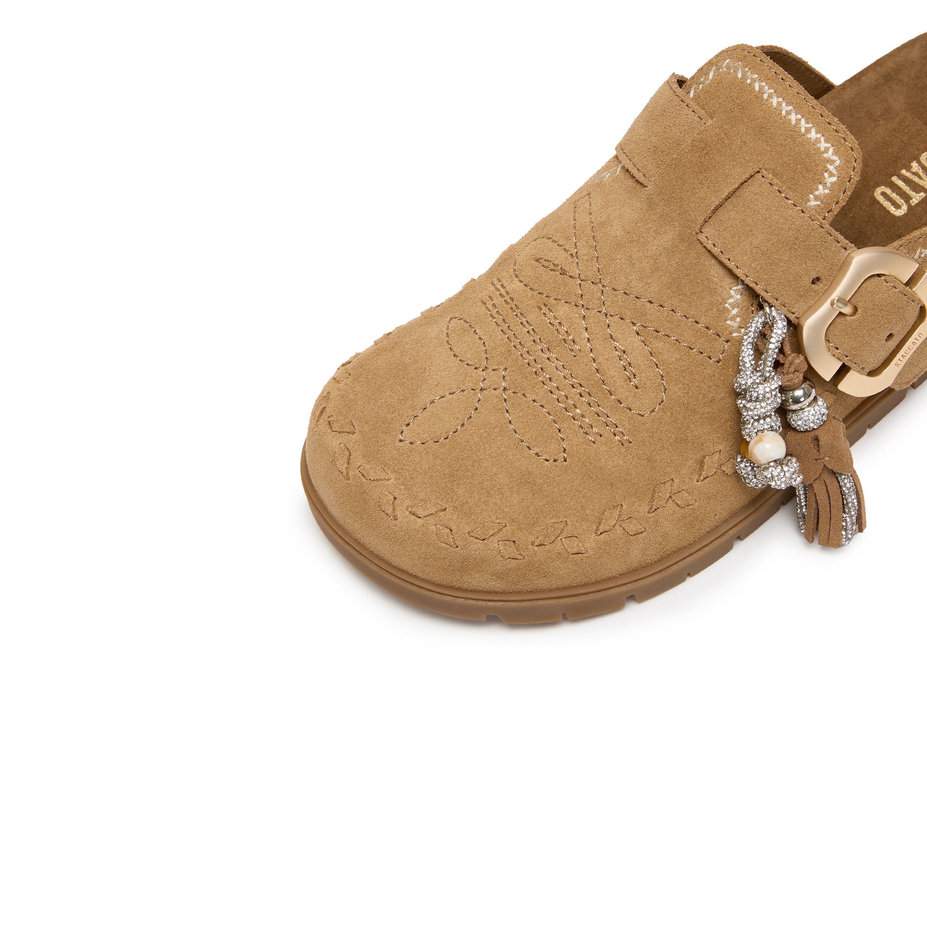 Camel Suede Embroidery Block Toe Sandals