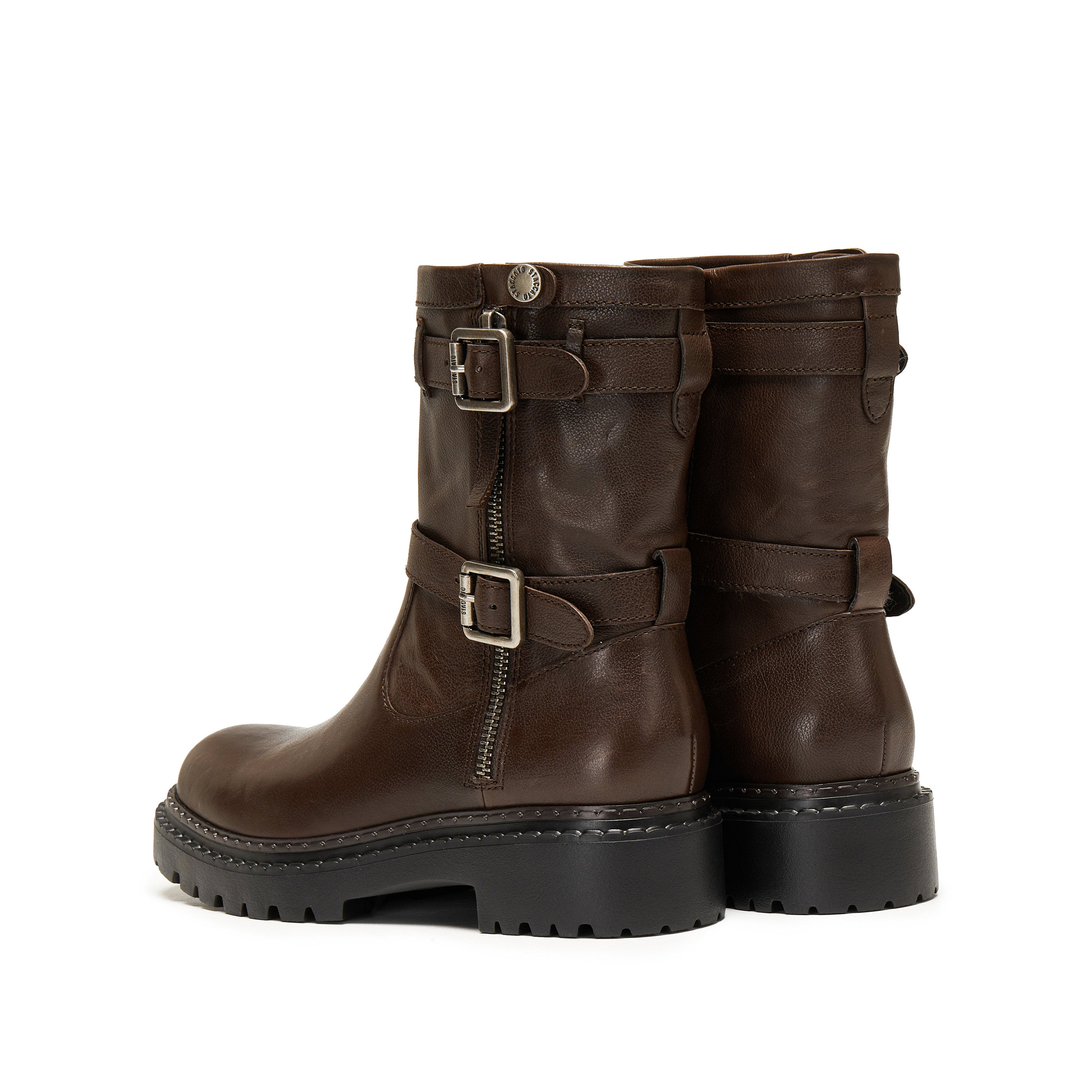 Dark Brown Double Buckle Ankle Riding Boots