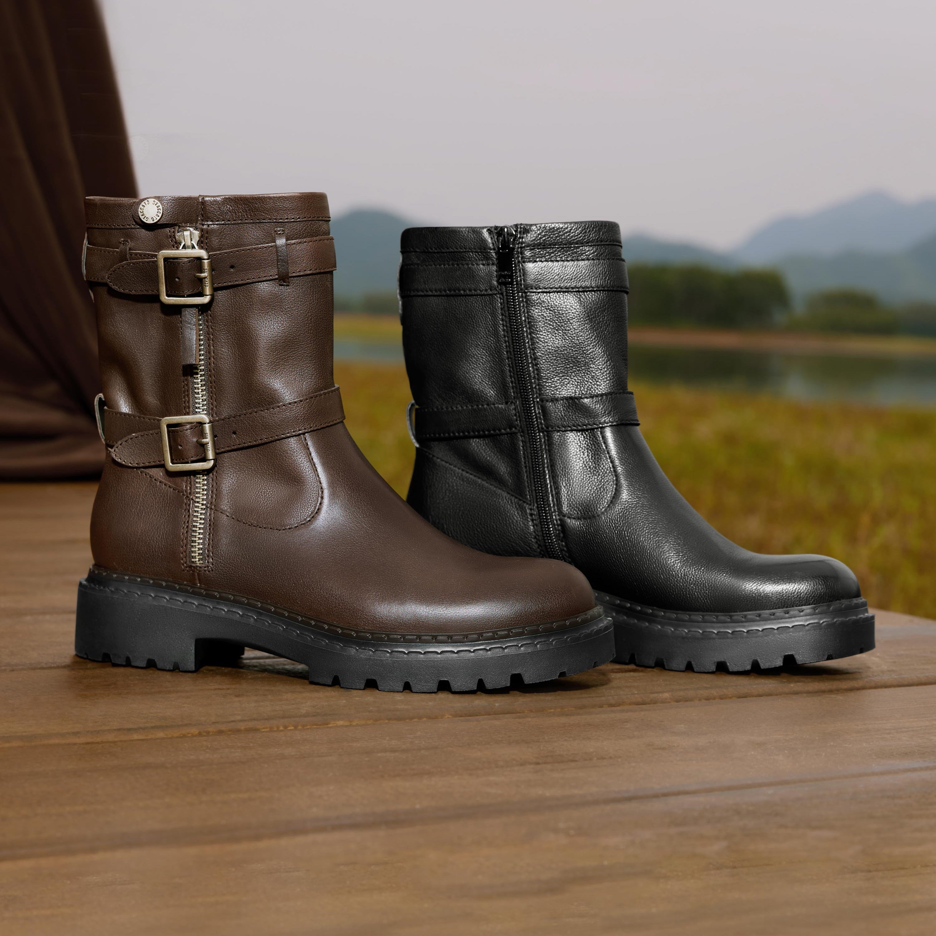 Dark Brown Double Buckle Ankle Riding Boots