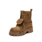 Brown Suede Double Tongue Lace Up Combat Boots