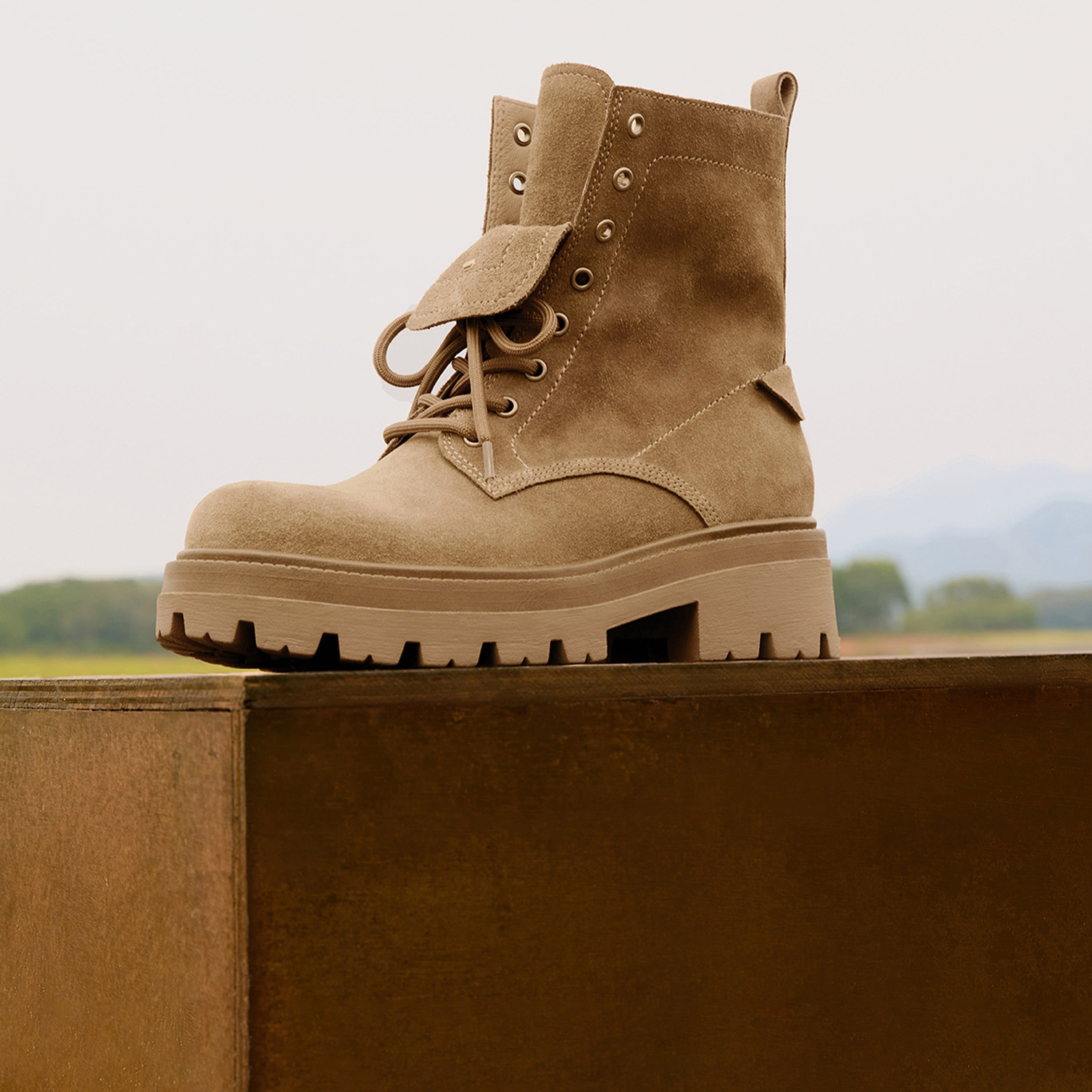 Brown Suede Double Tongue Lace Up Combat Boots