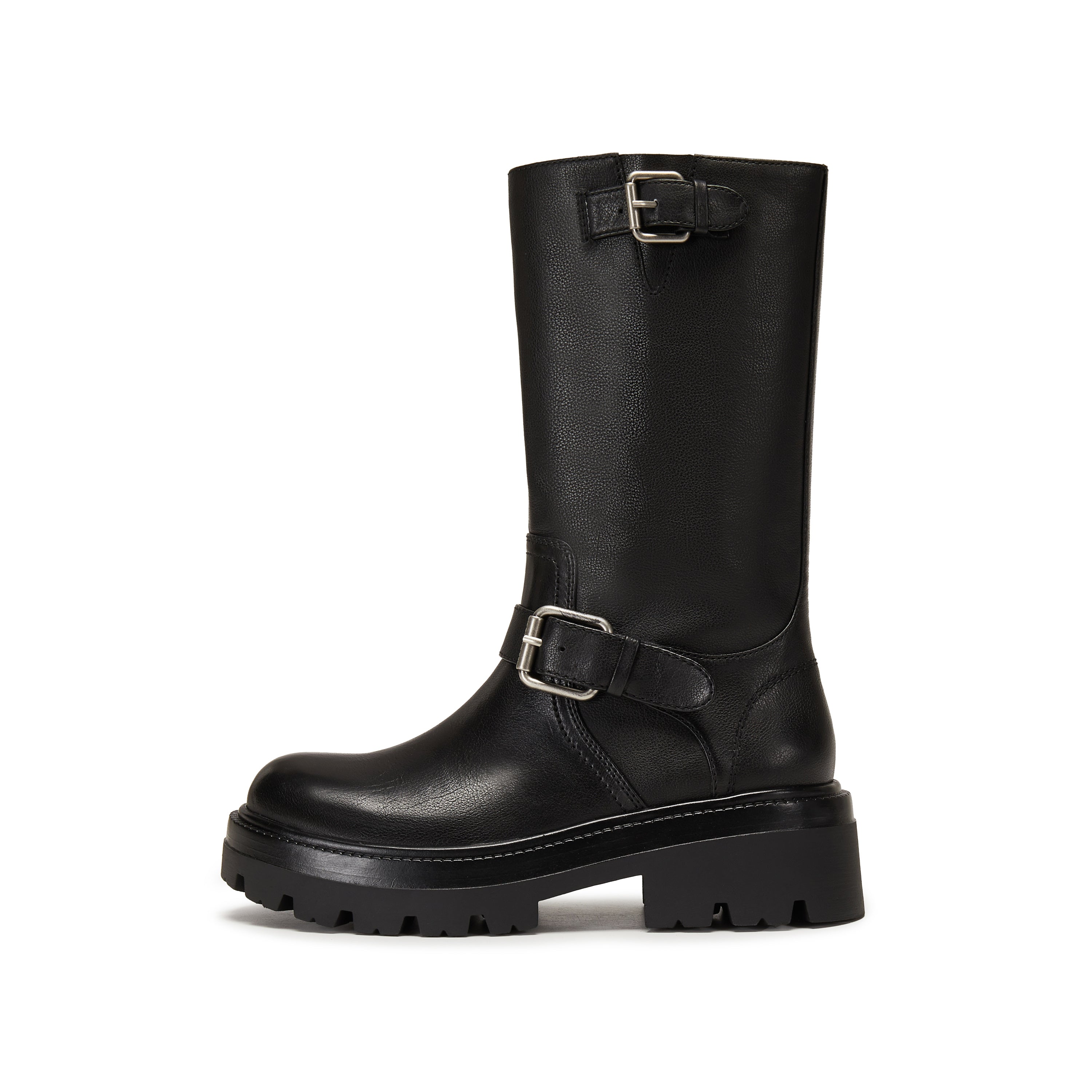 Black Double Buckle Mid Calf Riding Boots