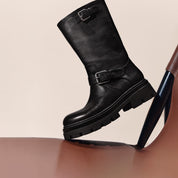 Black Double Buckle Mid Calf Riding Boots