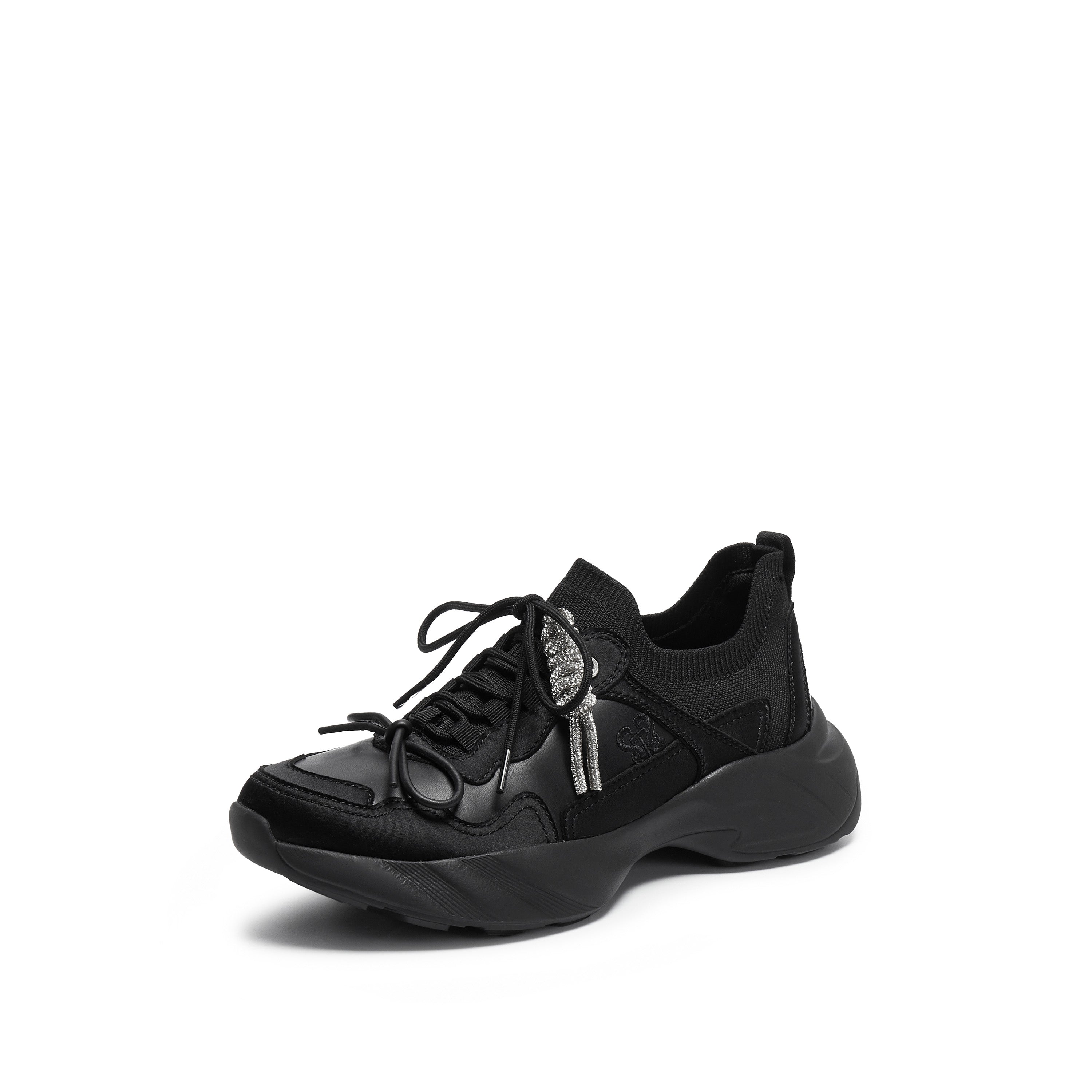 Black Knit Bow Lace Up Chunky Sneakers