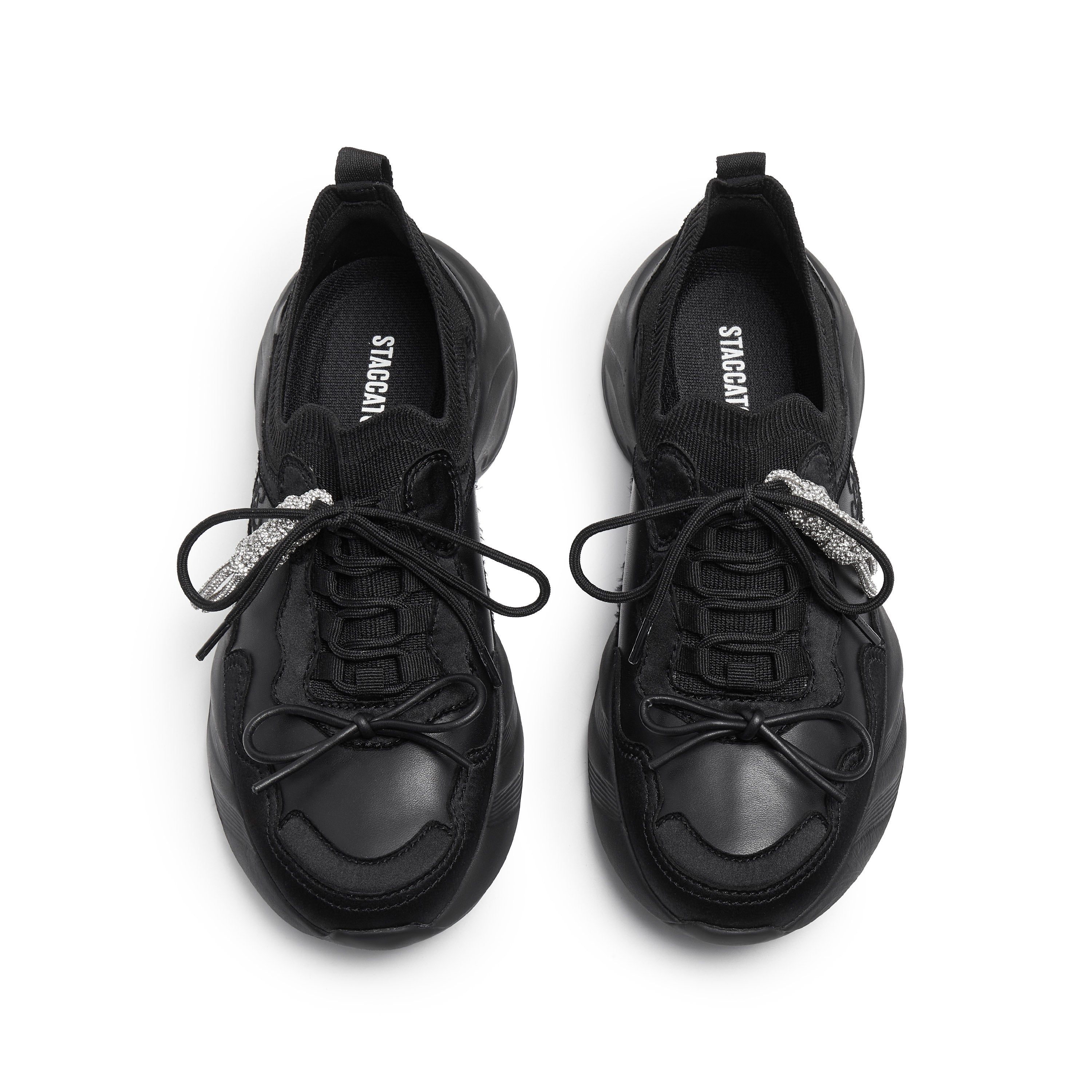 Black Knit Bow Lace Up Chunky Sneakers
