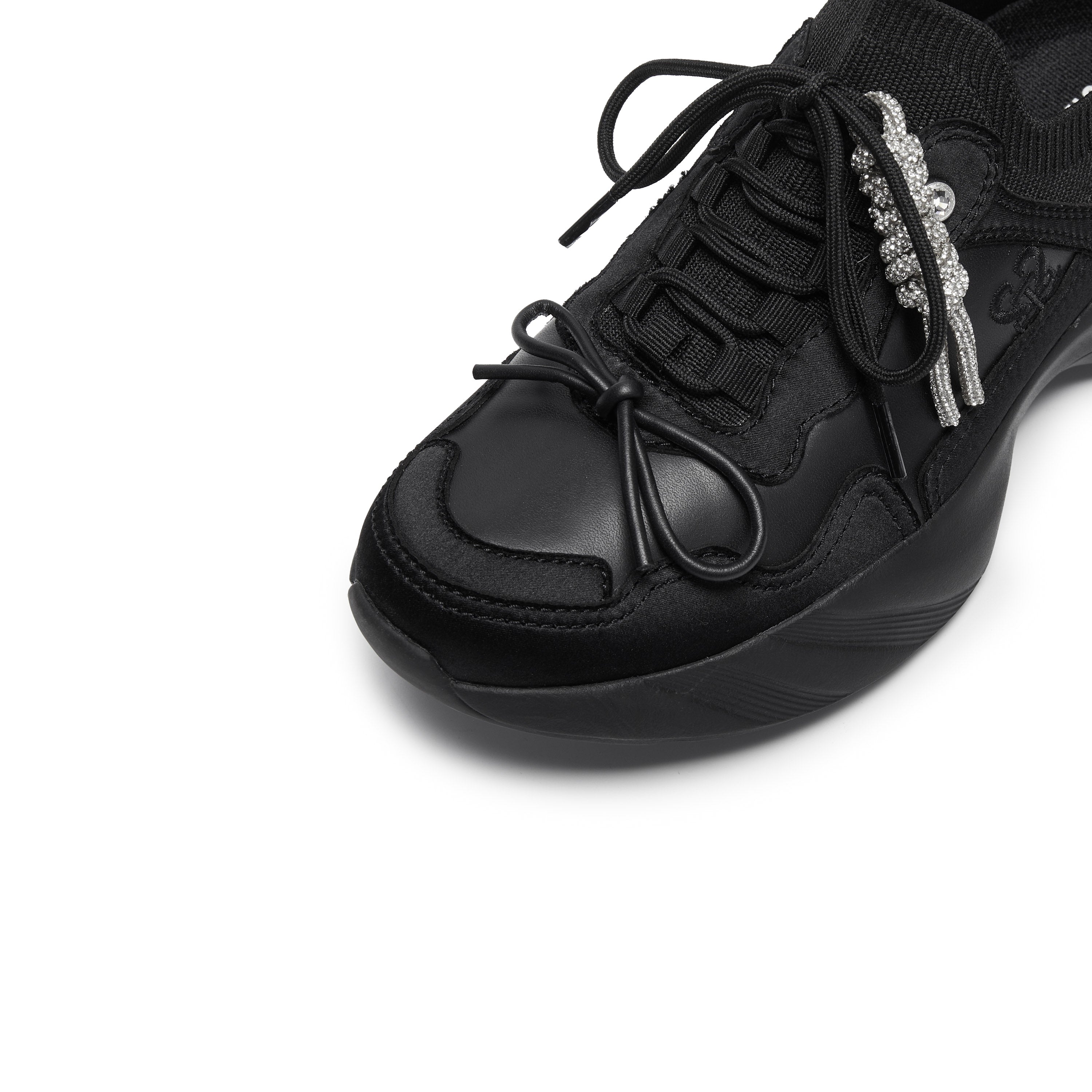 Black Knit Bow Lace Up Chunky Sneakers