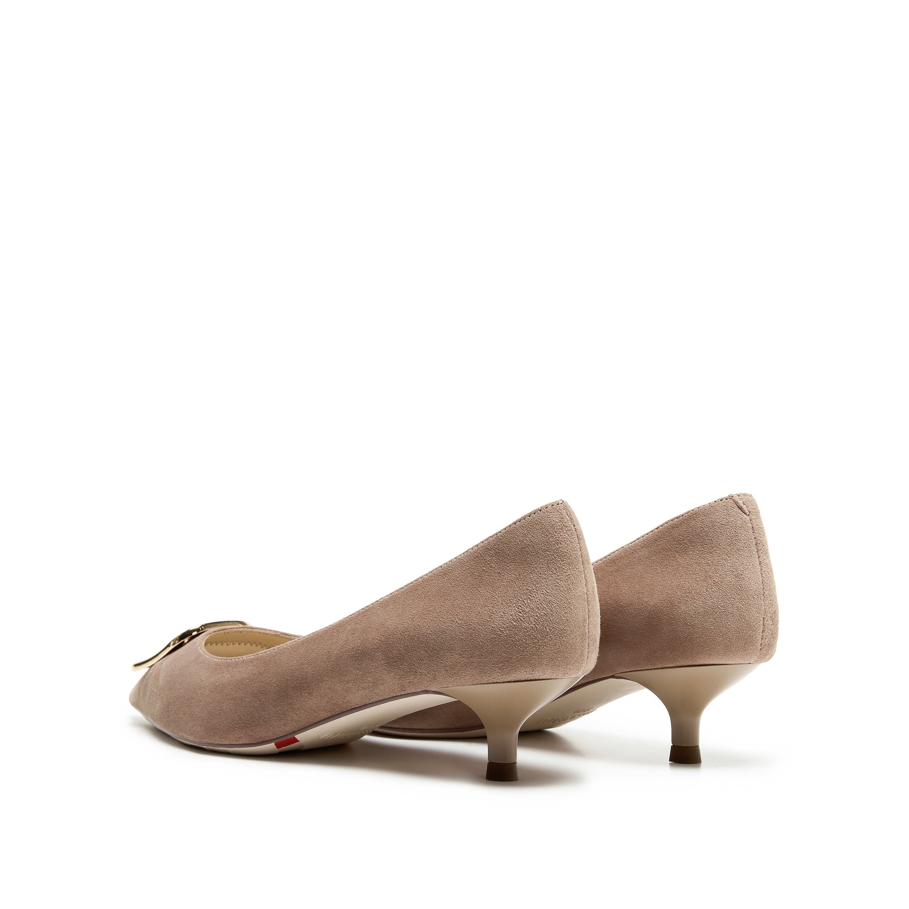 Beige Suede Gold Buckle Kitten Heel Pumps